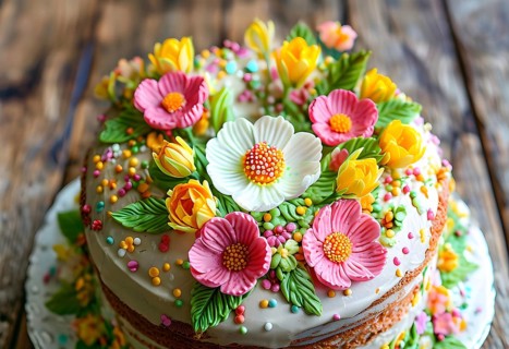 Decorated Easter cake with intricate icing flowers and colorful sprinkles, placed on a rustic