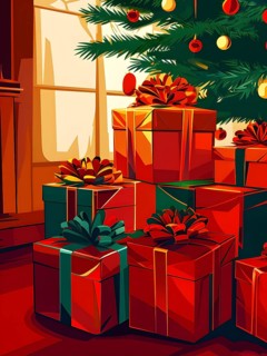 Abstract illustration of wrapped Christmas gifts, shiny ribbons and bows, stacked under a evergreen