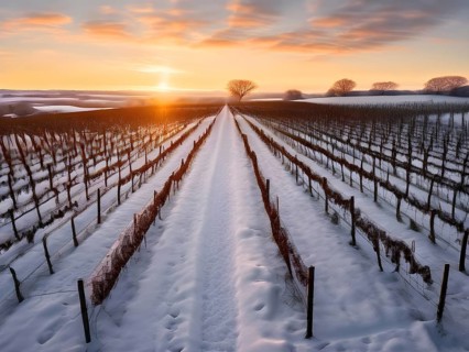 AI generated aerial view of winter in the vineyard with snow blankets dormant vines and ambient