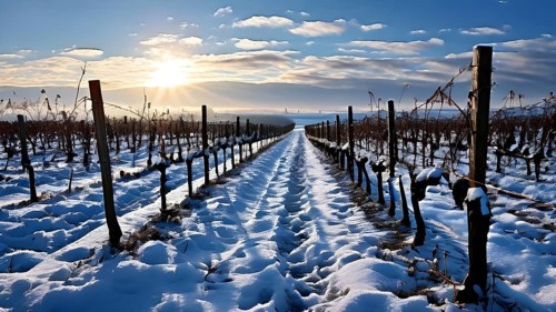 AI generated winter in the vineyard with snow blankets dormant vines and ambient light