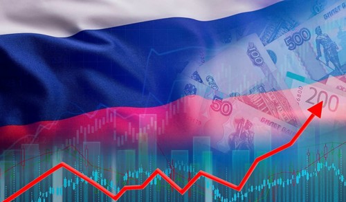 Russia financial growth concept, economic recovery. Growth of the Russian economy on the financial