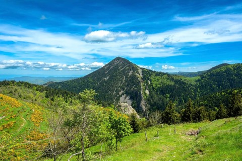 Scenic View of Dome-Shaped Volcanic Peaks (Sucs) in the Monts d'Ardeche Regional Natural Park.