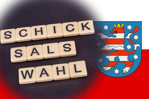 Symbolic image of the state election in Thuringia: The word SCHICKSALSWAHL and the flag of