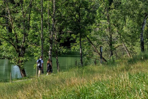Cyclists and hikers on a circular route on Lake Tegernsee, Bavaria, Germany, Europe