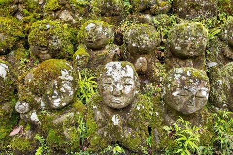 Moss-covered stone statues of rakans, the disciples of Buddha, Otagi Nenbutsu-ji temple, Kyoto,