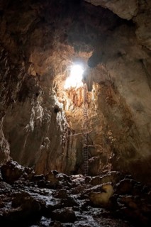 Cave entrance with long ladder, entrance to a stalactite cave, Terciopelo Cave, Barra Honda