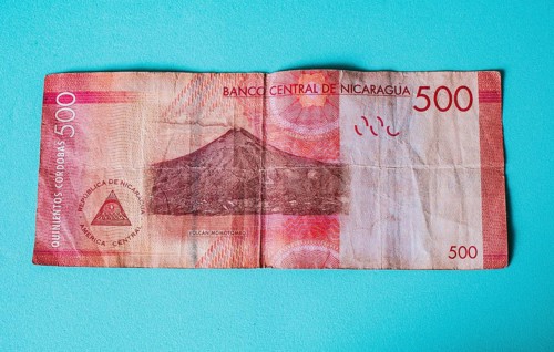 500 Nicaraguan cordobas bill on isolated background. Banknote of 500 Nicaraguan cordobas isolated