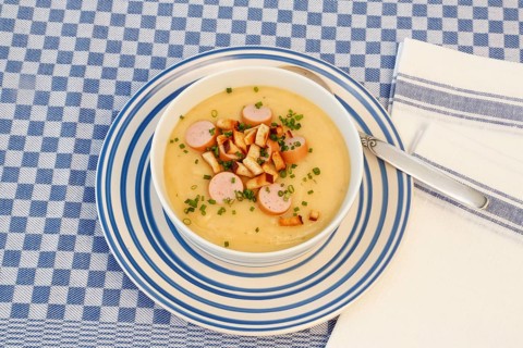 Swabian cuisine, potato soup with string sausages and pretzel croutons, hearty, savoury, typical
