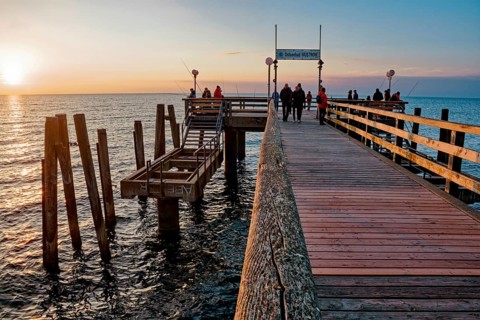 Baltic Sea beach, Baltic Sea coast with the Wustrow pier, evening mood, Baltic seaside resort