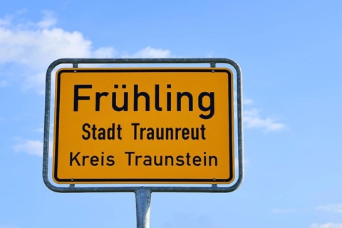 Place name sign of the village Frühling, curious place names, district of Traunreut Kreis