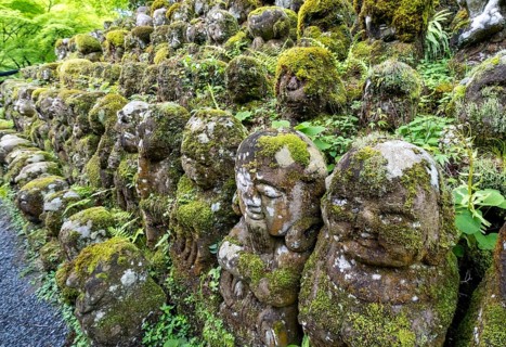 Moss-covered stone statues of rakans, the disciples of Buddha, Otagi Nenbutsu-ji temple, Kyoto,