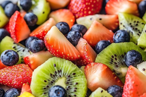 Close up of healthy fruits salad mix with strawberry, blueberry and kiwi. Generative AI, AI