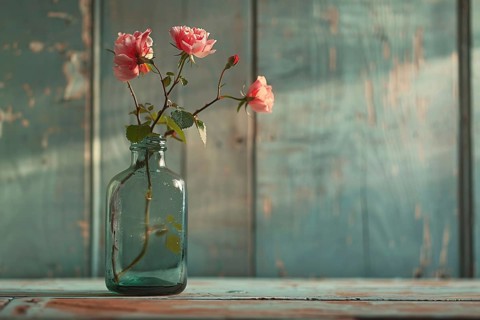 Glass vase with pink rose flowers. Genertaive AI, AI generated