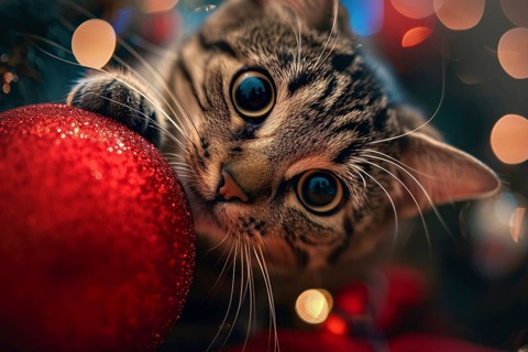 Cute tabby cat with red Christmas tree bauble. Generative AI, AI generated