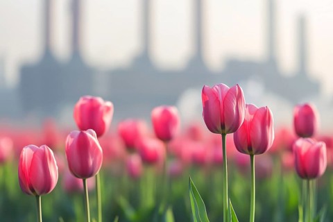 Field with pink tulip flowers and factory with grey fumes in background. Generative Ai, AI