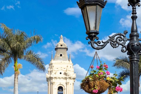 Lima, Peru, Archbishop Palace on colonial Central plaza Mayor or Plaza de Armas in historic center,