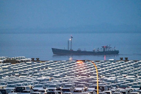 Parking space for import vehicles, hundreds of Hyundai Ioniq, electric cars, waiting for onward