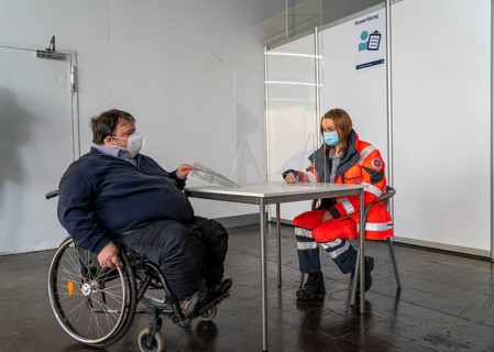 Entrance area, registration, test run in the vaccination centre for the corona vaccinations, in a