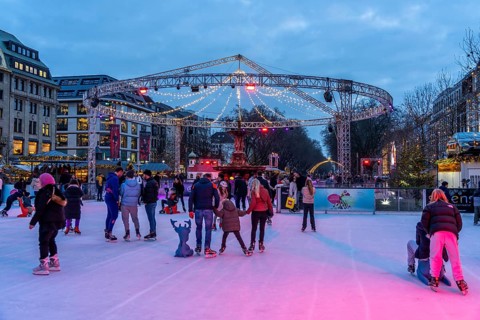Ice rink Kö on Ice, at the northern end of Königsallee, Christmas market, t in Düsseldorf, North