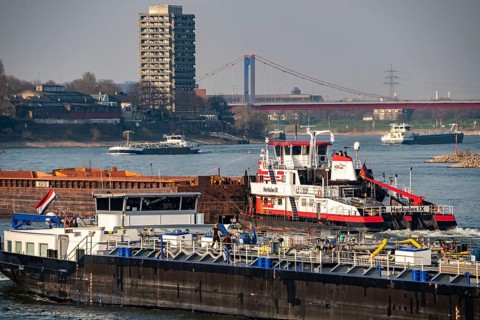 Cargo ships on the Rhine near Duisburg, pushed convoy, tanker, HGK, behind the