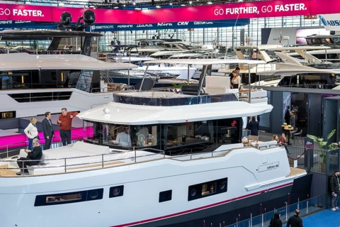 Large yachts, luxury yachts, in Hall 6 of BOOT 2024, the world's largest yacht and water sports