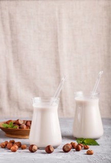 Organic non dairy hazelnut milk in glass and wooden plate with hazelnuts on a gray concrete