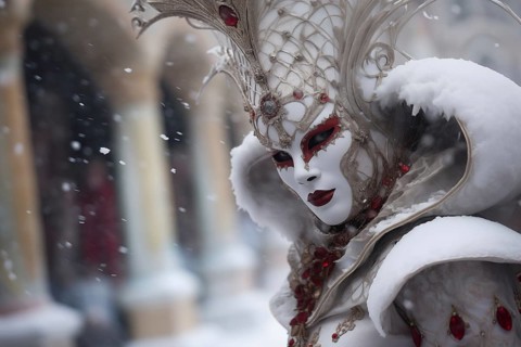 A person adorned in a richly detailed and colorful carnival costume, complete with an elaborate