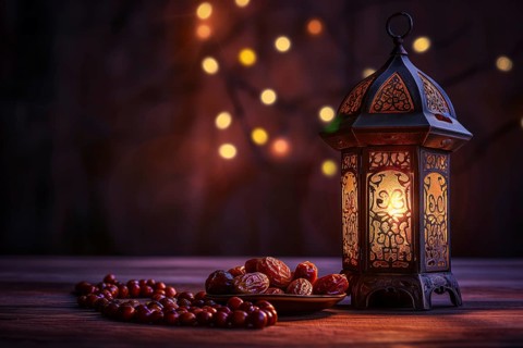 Ramadan lantern with a plate of succulent figs, set on an ornate table with intricate designs,