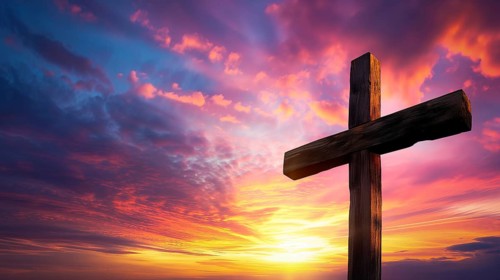 Easter concept cross on Golgotha Calvary hill in sky against a dramatic sunset, AI generated