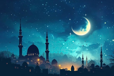 Ramadan with a mosque silhouetted against a starry night sky, illuminated by the crescent moon, AI