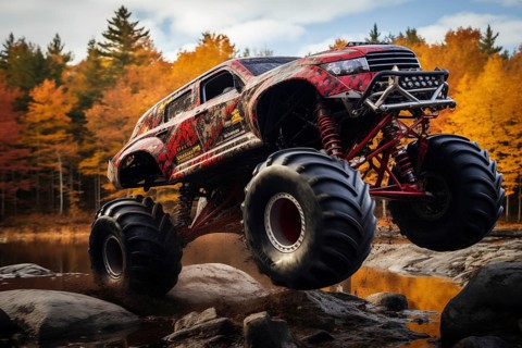 Monster truck driving and jumping outdoors amidst a cloud of dust. Thrill and adrenaline of an