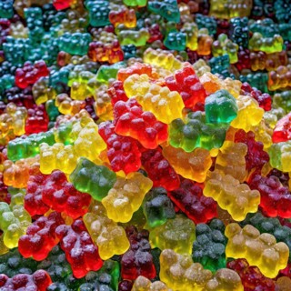 Close-up of many gummy bears creating a colourful pattern, gummy bears, AI generated, AI generated