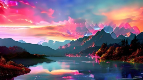 AI generated painting of a surreal landscape with mountains and a lake with digital brush strokes