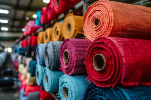Rolls of fabric in textile factory. KI generiert, generiert, AI generated