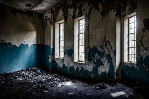 Abandoned asylum walls peeling paint cracked plaster whispering silent histories, AI generated