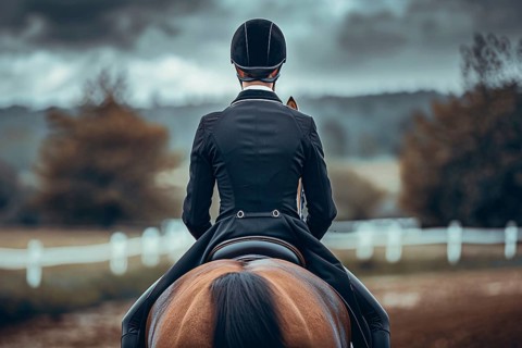 Man riding horse in dressage sports competition. Generative AI, AI generated