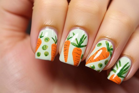 Close up of woman's fingernails with Easter carrot nail art design. KI generiert, generiert AI