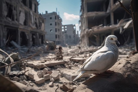 White peace dove in war destructed city. AI generated