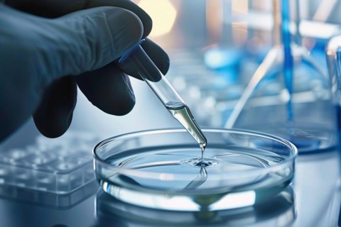 Liquid being poured into petri dish with pipette in science research lab. KI generiert, generiert,