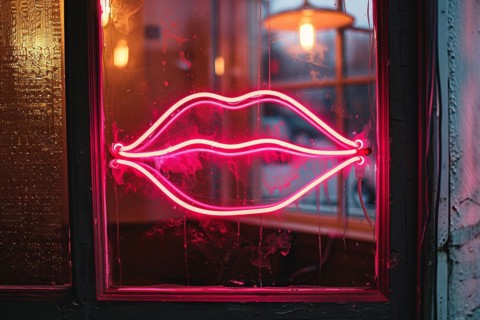 Pink neon light in shape of kiss lips hanging in window of bar at night. KI generiert, generiert,