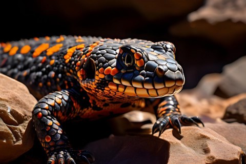 Gila monster with characteristic black and orange patterns camouflaged amongst sonoran desert