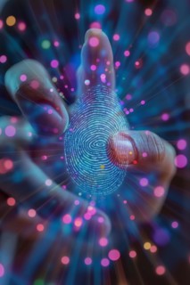 A hand reaches for a scanned, digitally captured fingerprint for biometric authentication,