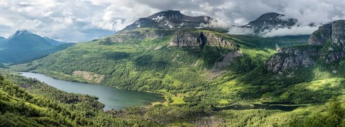 Panoramic view over valley Innerdalen with lake Innerdalsvatn, Norway, Europe