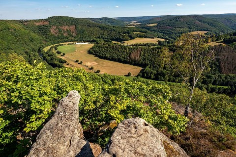 Eugenienstein, view into the Rur valley, landscape along the red sandstone route, in the Rureifel,