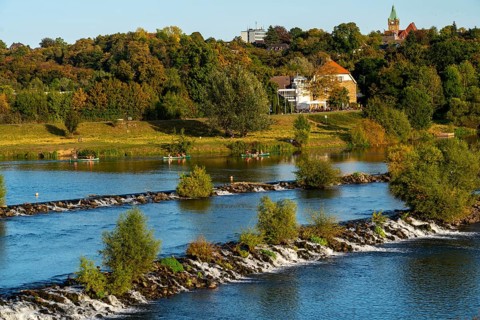 The Ruhr weir, barrage of the Ruhr near Hattingen, on the Ruhr Valley cycle path, North