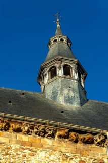 Vic le Comte. Bell tower of Saint-Pierre church. Puy de Dome department. Auvergne-Rhone-Alpes.