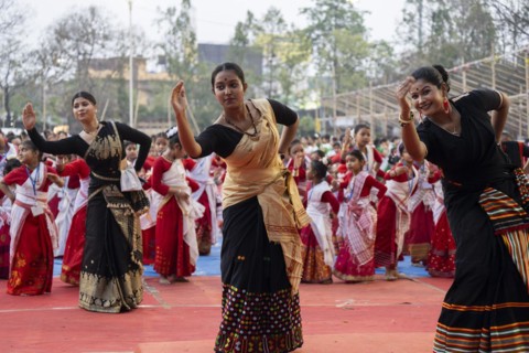 Instructorsdance Bihu, as she teach participants during a Bihu dance workshop, ahead of Rongali