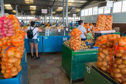 A market stall with potatoes in net bags, customers shopping in the background, market hall,