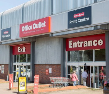 Office Outlet print centre store shop entrance and exit, Russel Road, Ipswich, Suffolk, England, UK