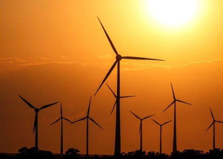 Sunset at a wind farm, Mallnow